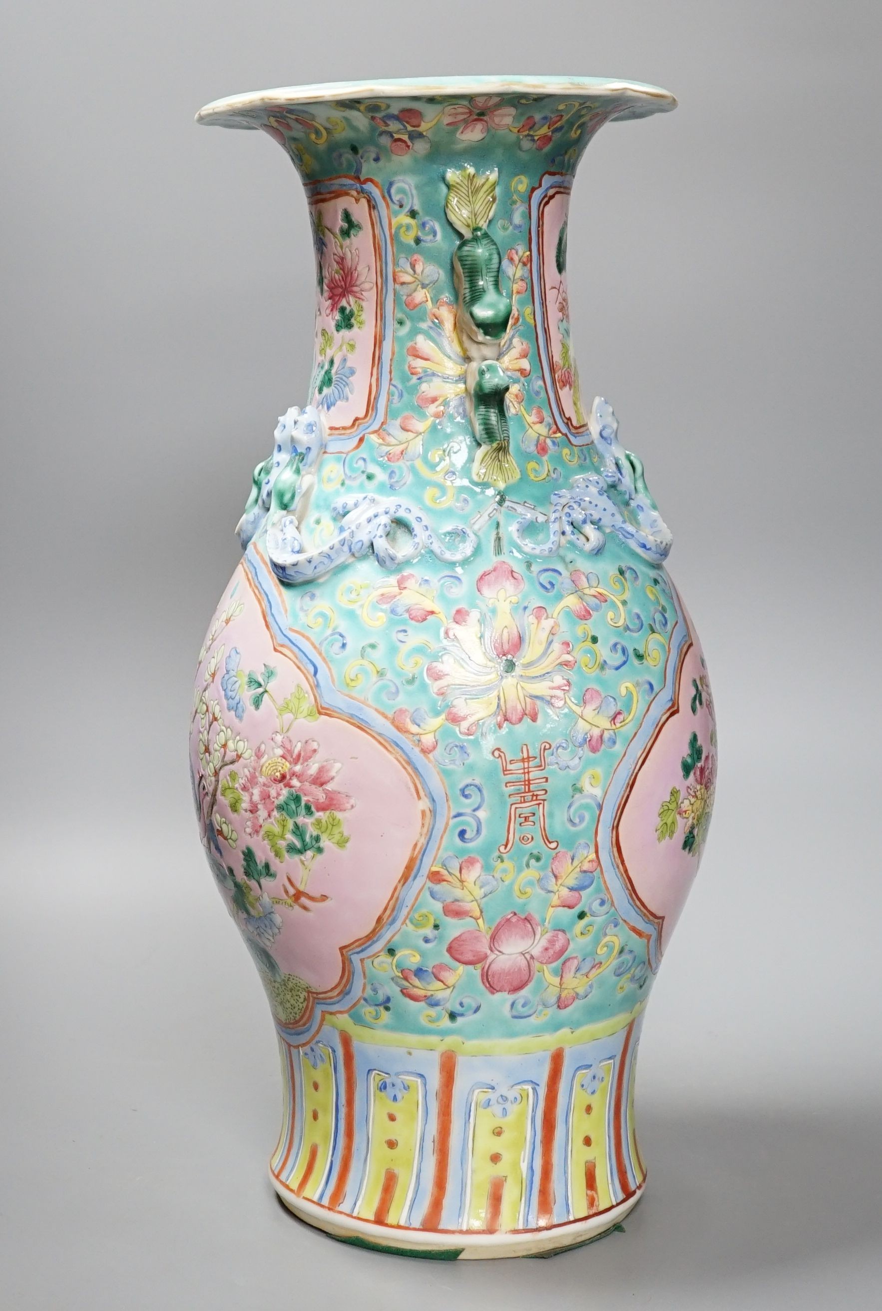 A 19th century Chinese Cantonese two-handled famille rose vase, 44cm